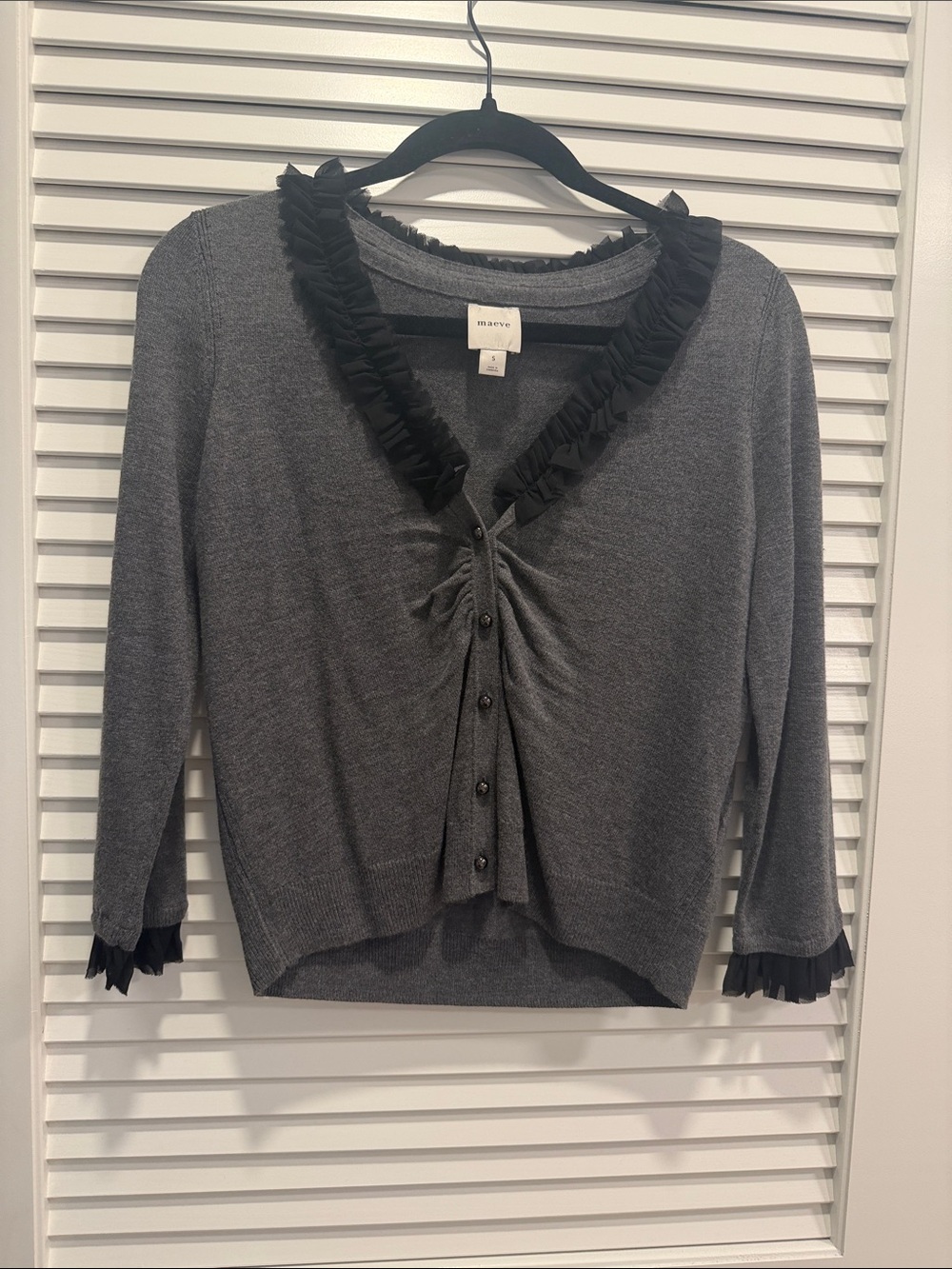 Maeve Gray Button-Front Cardigan with Black Ruffle Trim